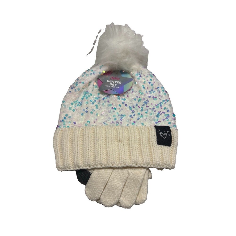 Justice White Sequin Pom-Pom Knit Hat with Matching Gloves